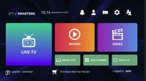 IPTV Smarters Pro Startbillede med muligheder for live-tv, film, serier og EPG-installation