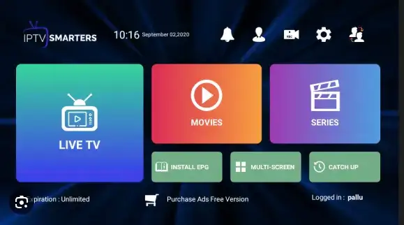 IPTV Smarters Pro Startbildschirm mit Optionen für Live-TV, Filme, Serien und EPG-Installation